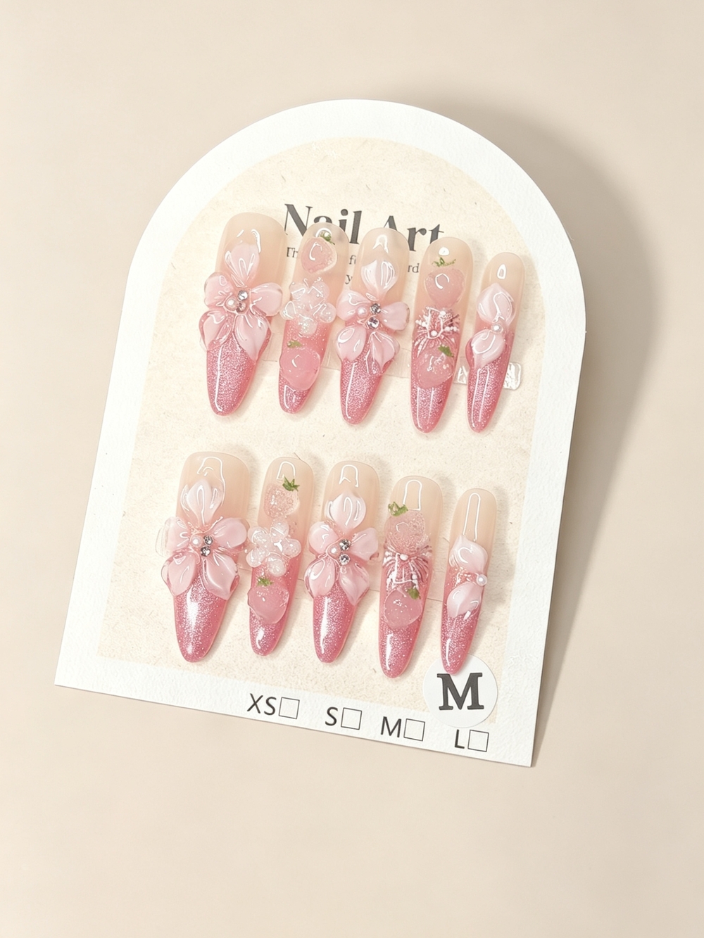 Pink Cat Eye 3D Floral Strawberry Pearls Long Oval Handmade Press On Nails